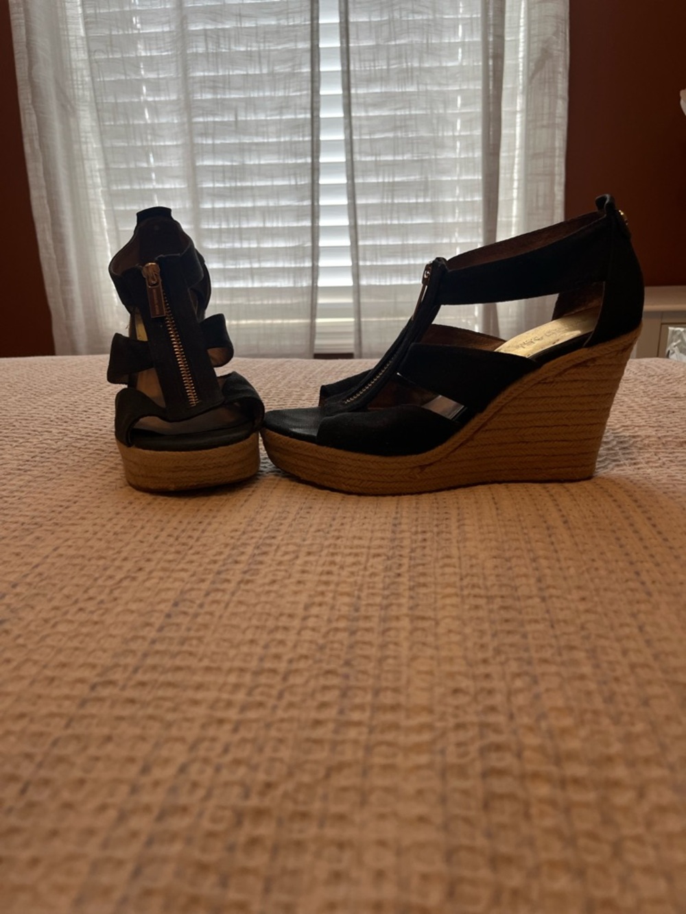 Michael Kors Black Espadrille Wedge Sandals with Front Zip